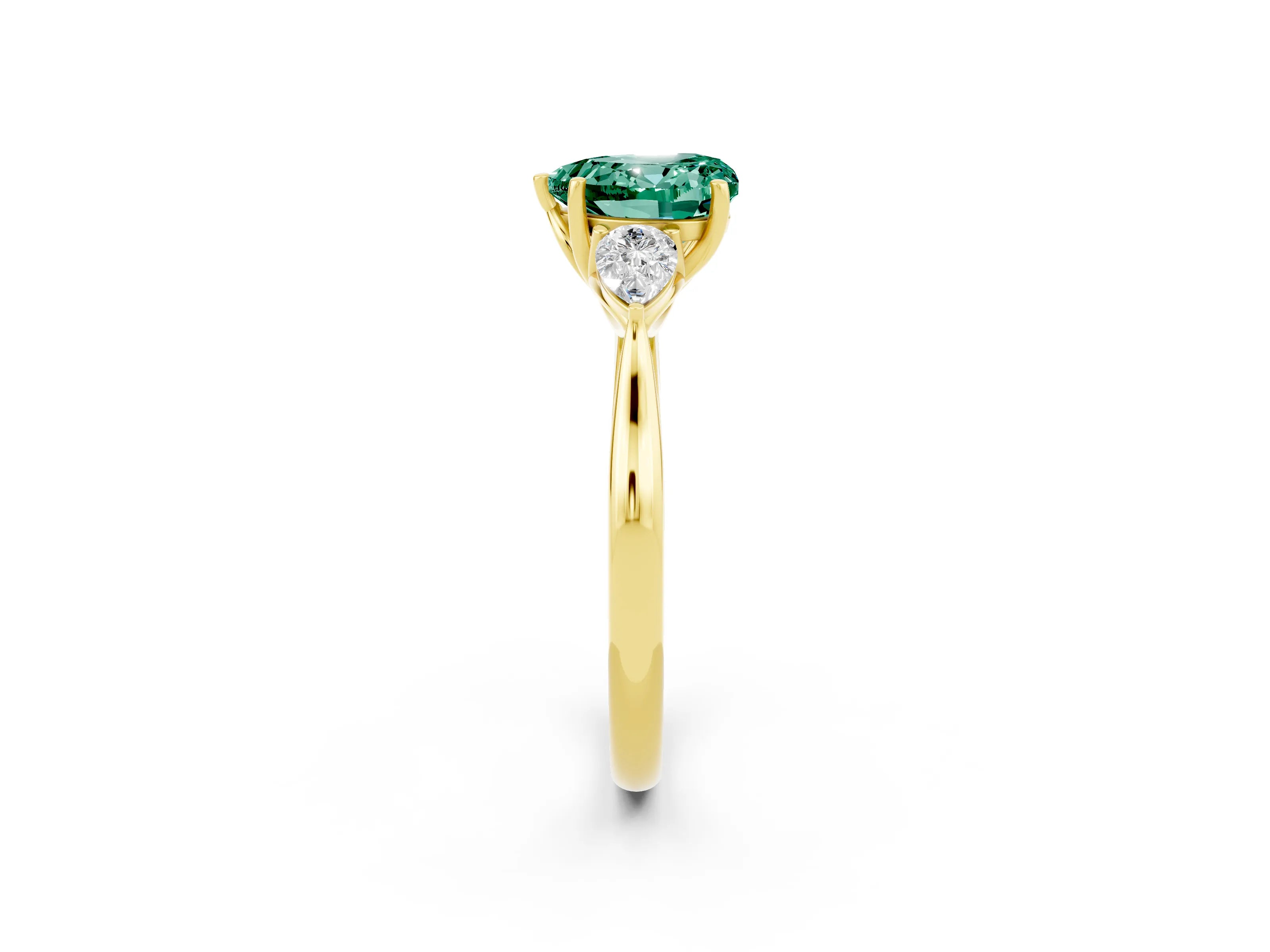 Yellow gold Heart Cut Green Sapphire Three-Stone Ring with Pear Side Stones and Four-Prong Setting_14