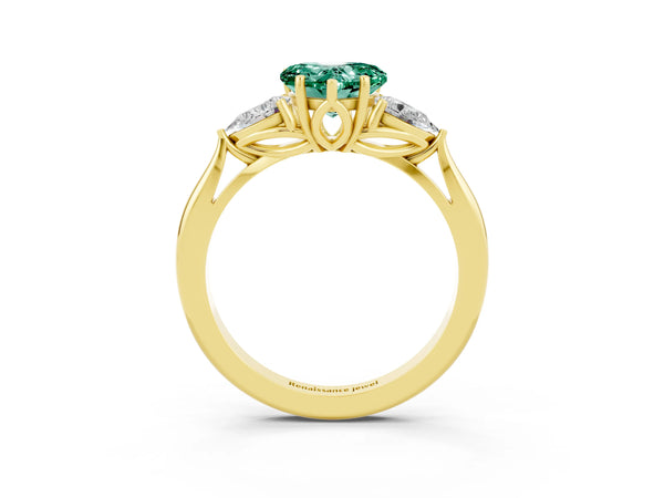 Yellow gold Heart Cut Green Sapphire Three-Stone Ring with Pear  Side Stones and Prong Setting