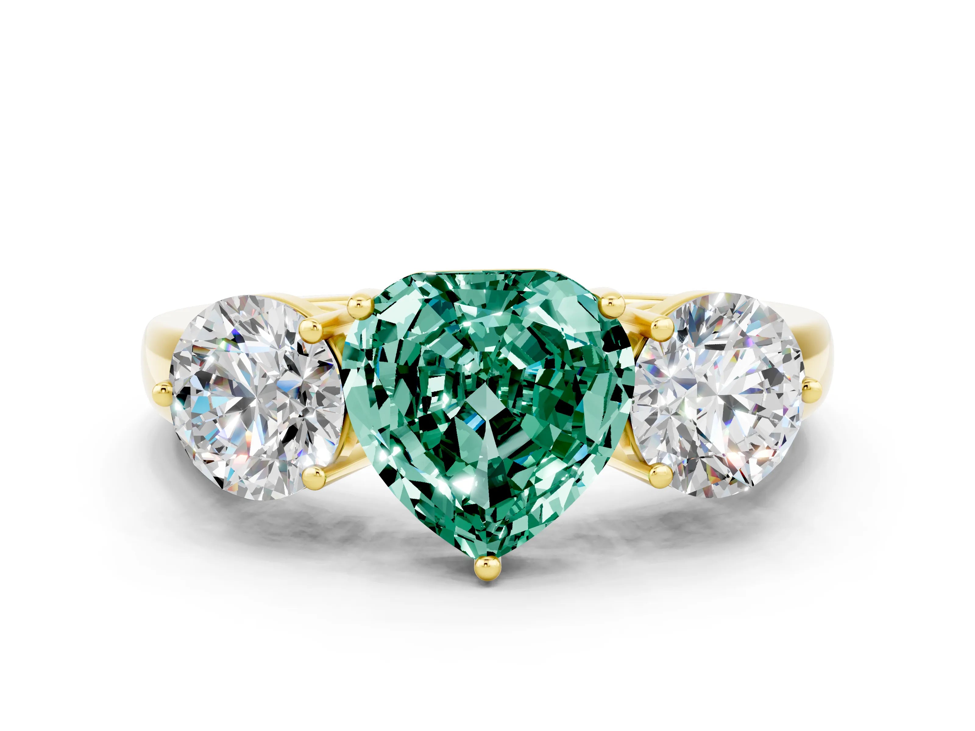 Yellow gold Heart Cut Green Sapphire Three-Stone Ring with Prong Setting and Classic Band