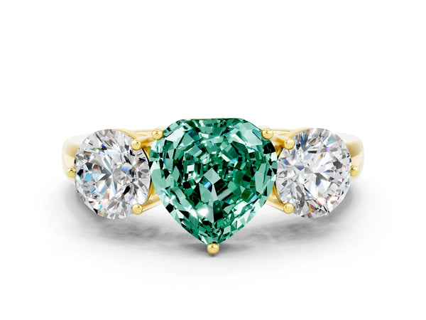 Yellow gold Heart Cut Green Sapphire Three-Stone Ring with Prong Setting and Classic Band