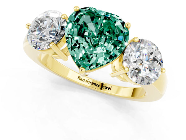 Yellow gold Heart Cut Green Sapphire Three-Stone Ring with Prong Setting and Classic Band