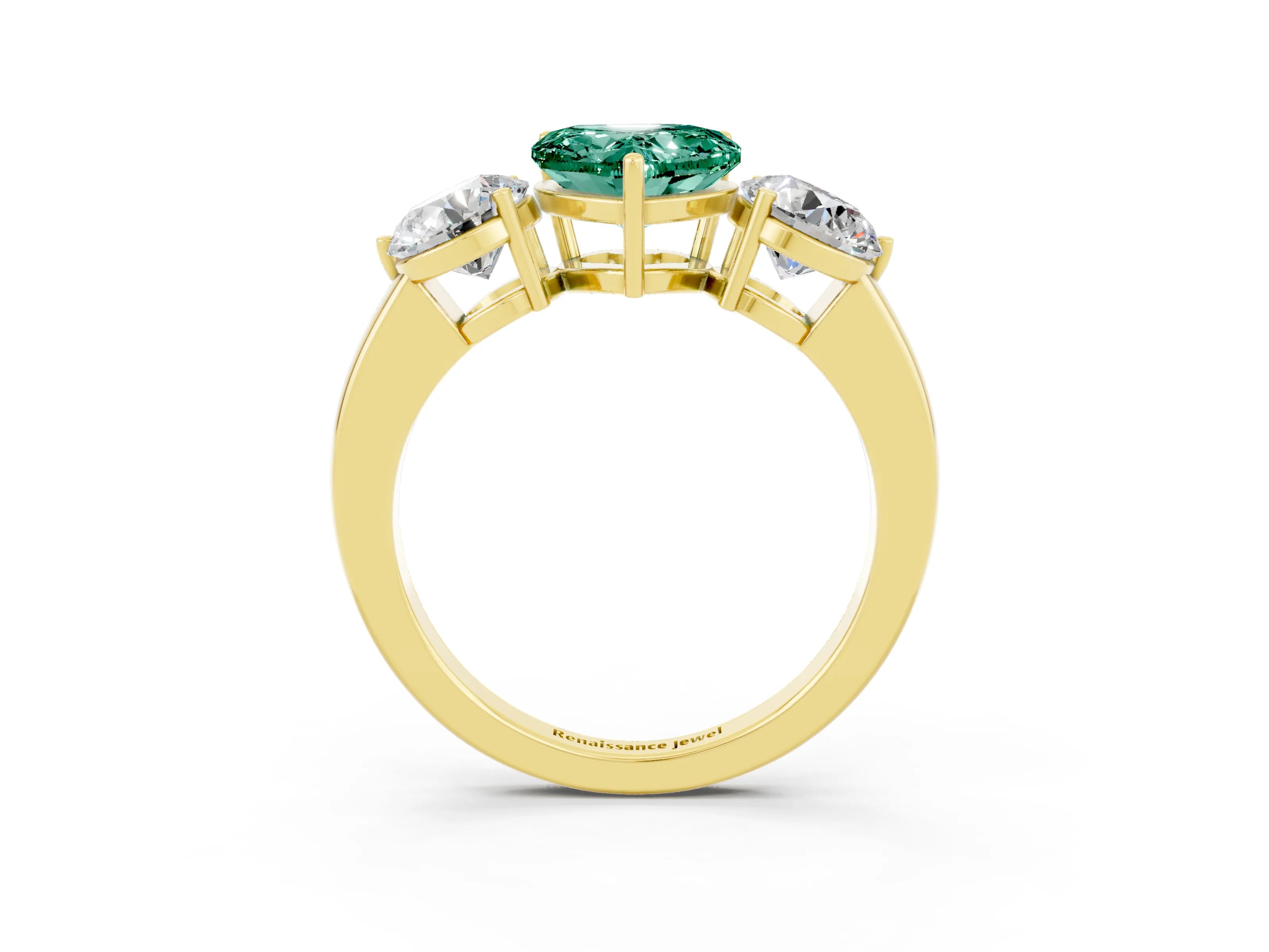 Yellow gold Heart Cut Green Sapphire Three-Stone Ring with Prong Setting and Classic Band_3