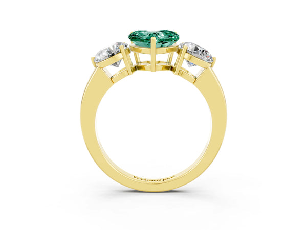 Yellow gold Heart Cut Green Sapphire Three-Stone Ring with Prong Setting and Classic Band
