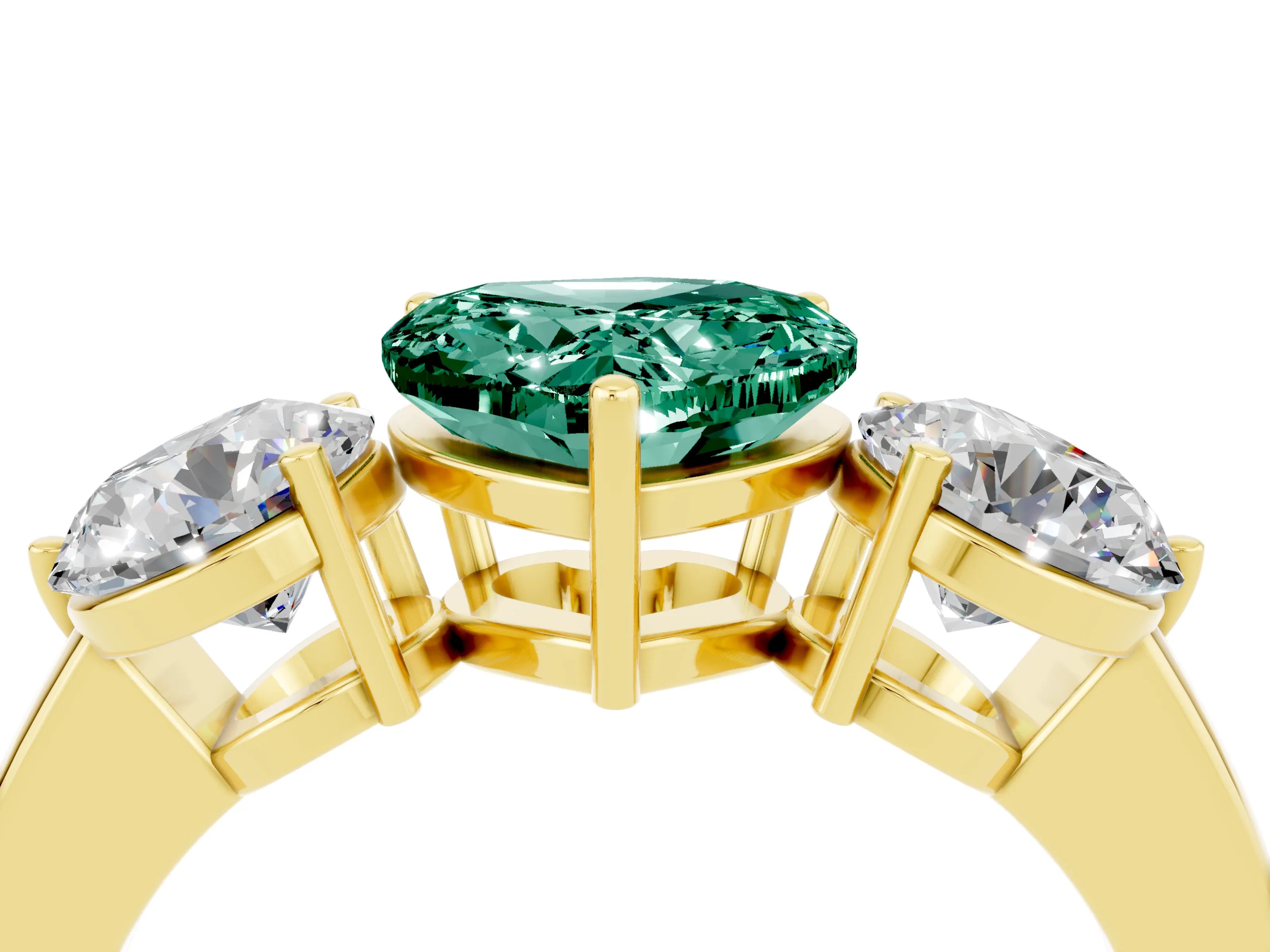 Yellow gold Heart Cut Green Sapphire Three-Stone Ring with Prong Setting and Classic Band_4