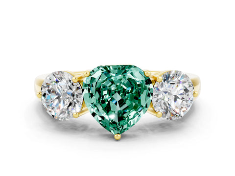 Yellow gold Heart Cut Green Sapphire Three-Stone Ring with Prong Setting and Classic Band