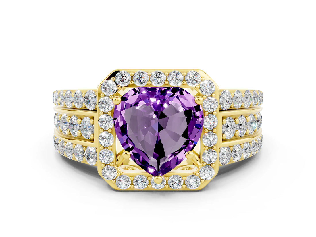 Yellow gold Heart Cut Halo Amethyst Ring with Split Shank and Four-Prong Setting