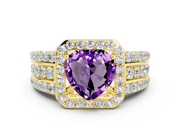 Yellow gold Heart Cut Halo Amethyst Ring with Round  Split Shank and Prong Setting
