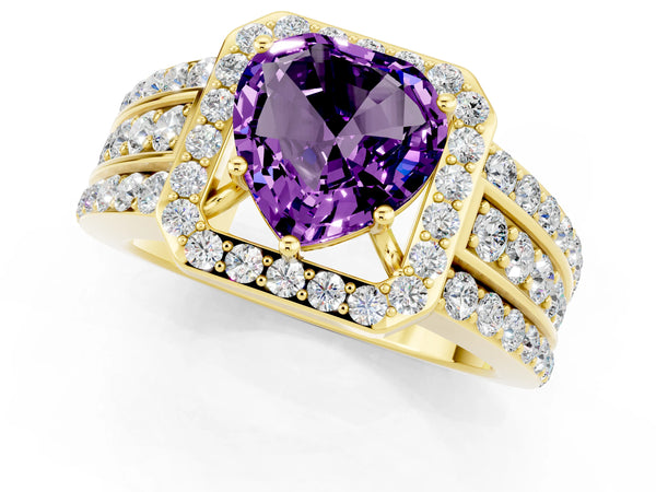Yellow gold Heart Cut Halo Amethyst Ring with Round  Split Shank and Prong Setting