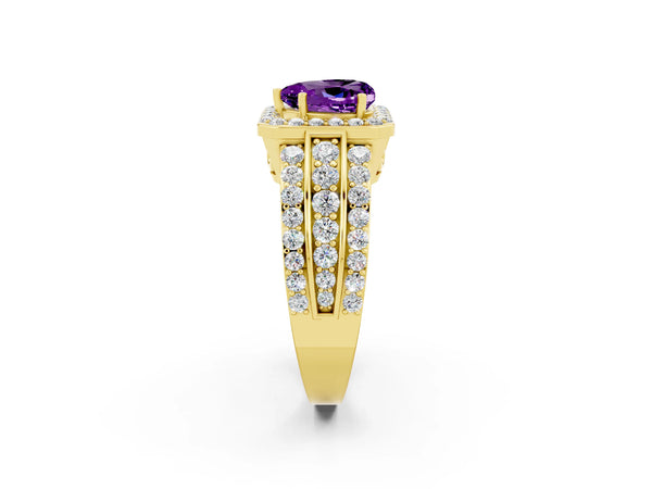 Yellow gold Heart Cut Halo Amethyst Ring with Round  Split Shank and Prong Setting