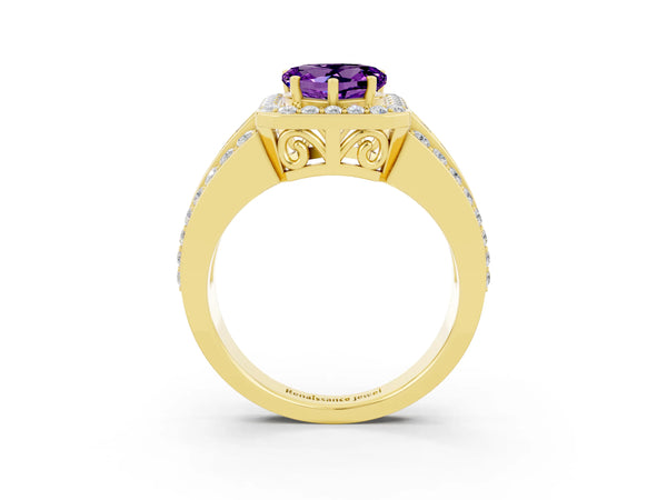 Yellow gold Heart Cut Halo Amethyst Ring with Round  Split Shank and Prong Setting