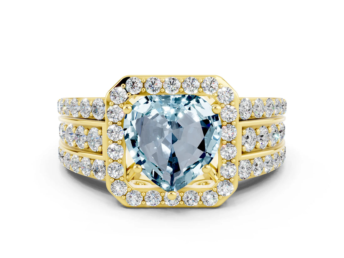 Yellow gold Heart Cut Halo Aquamarine Ring with Split Shank and Four-Prong Setting
