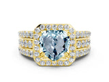 Yellow gold Heart Cut Halo Aquamarine Ring with Split Shank and Four-Prong Setting