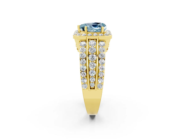 Yellow gold Heart Cut Halo Aquamarine Ring with Round  Split Shank and Prong Setting