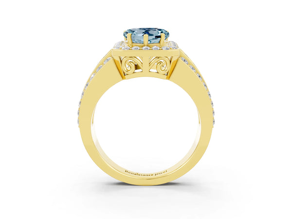 Yellow gold Heart Cut Halo Aquamarine Ring with Round  Split Shank and Prong Setting