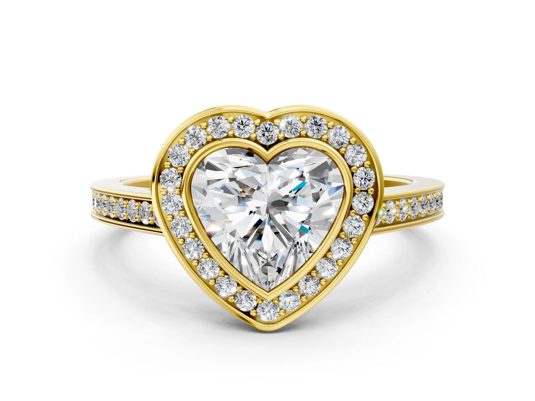 Yellow gold Heart Cut Halo Bezel Diamond Pave Band Ring_9