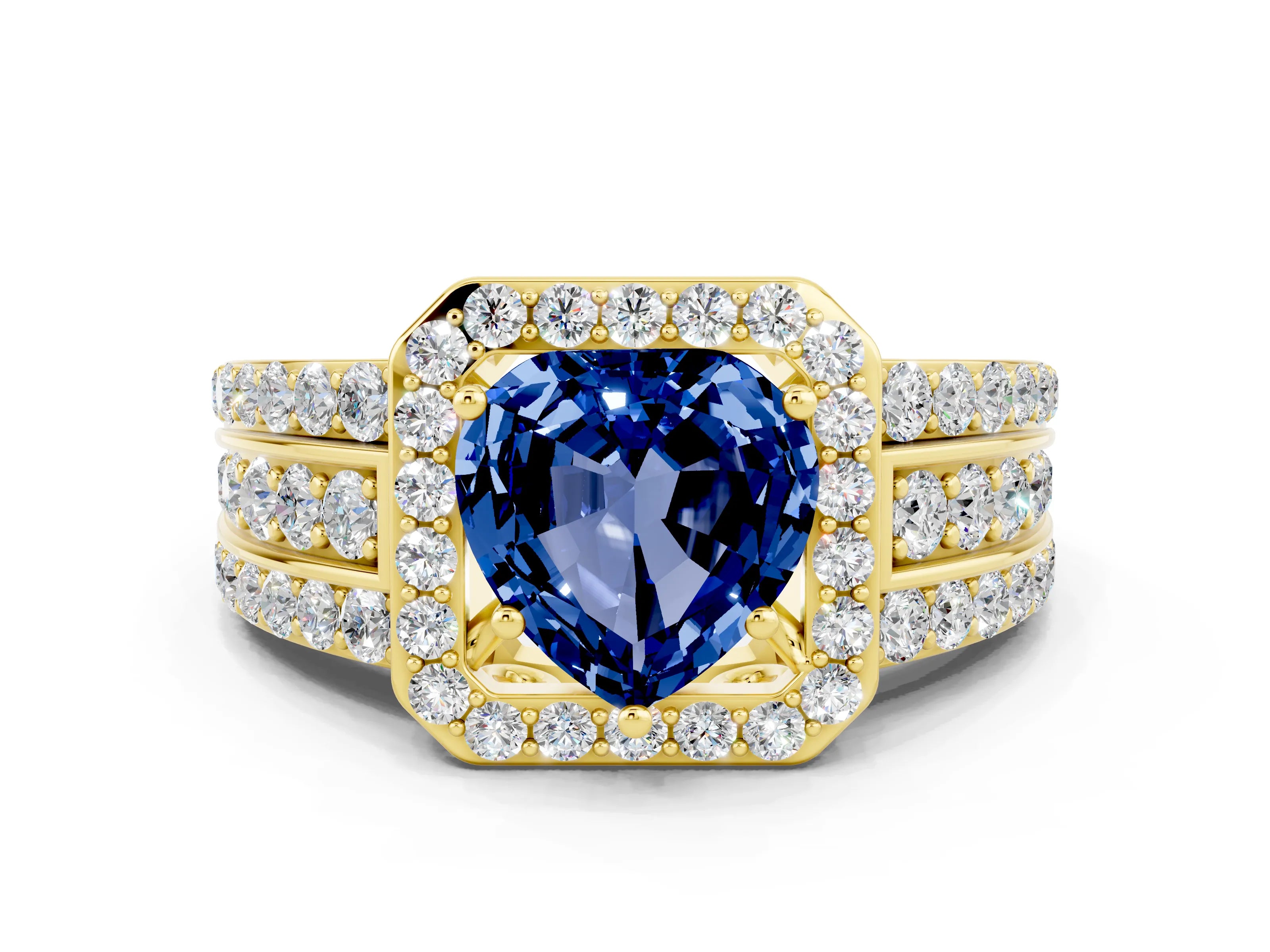 Yellow gold Heart Cut Halo Blue Sapphire Ring with Split Shank and Four-Prong Setting