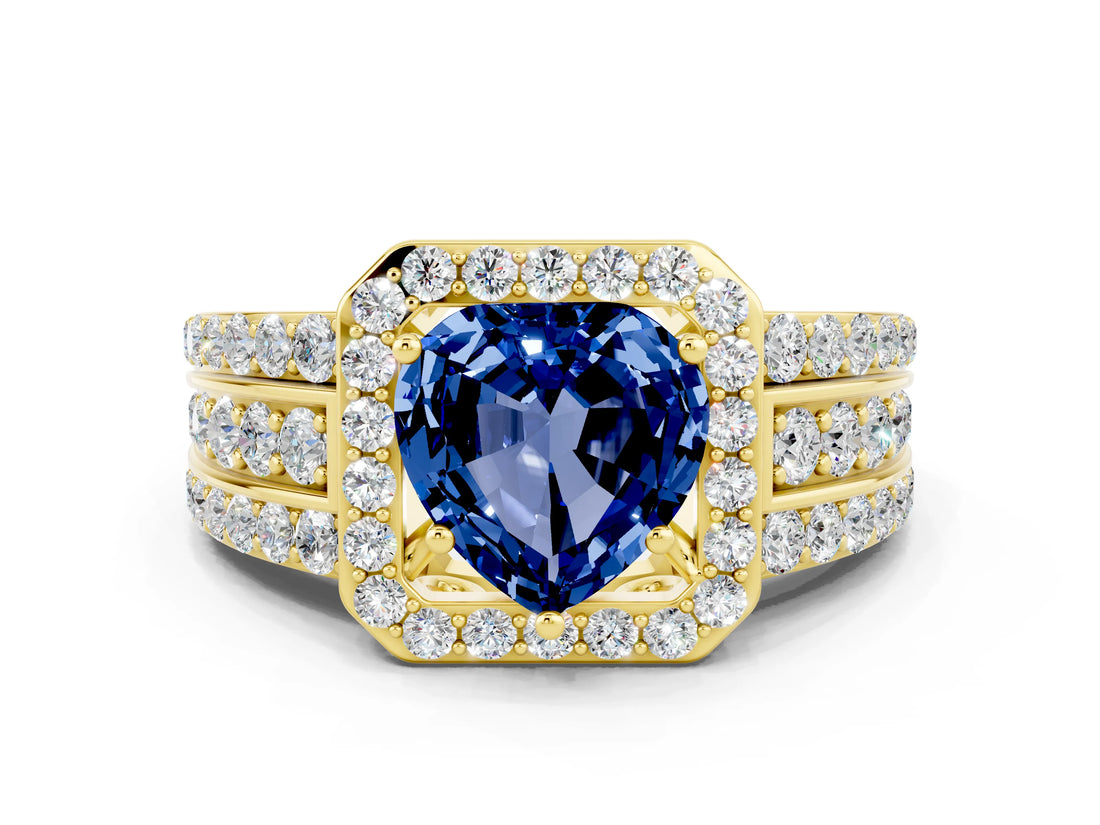 Yellow gold Heart Cut Halo Blue Sapphire Ring with Split Shank and Four-Prong Setting