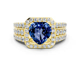 Yellow gold Heart Cut Halo Blue Sapphire Ring with Split Shank and Four-Prong Setting