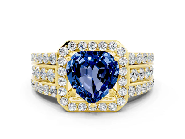 Yellow gold Heart Cut Halo Blue Sapphire Ring with Round  Split Shank and Prong Setting