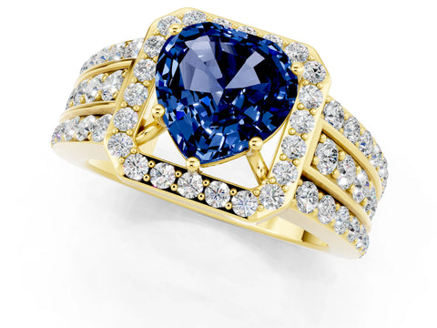 Yellow gold Heart Cut Halo Blue Sapphire Ring with Split Shank and Four-Prong Setting_1