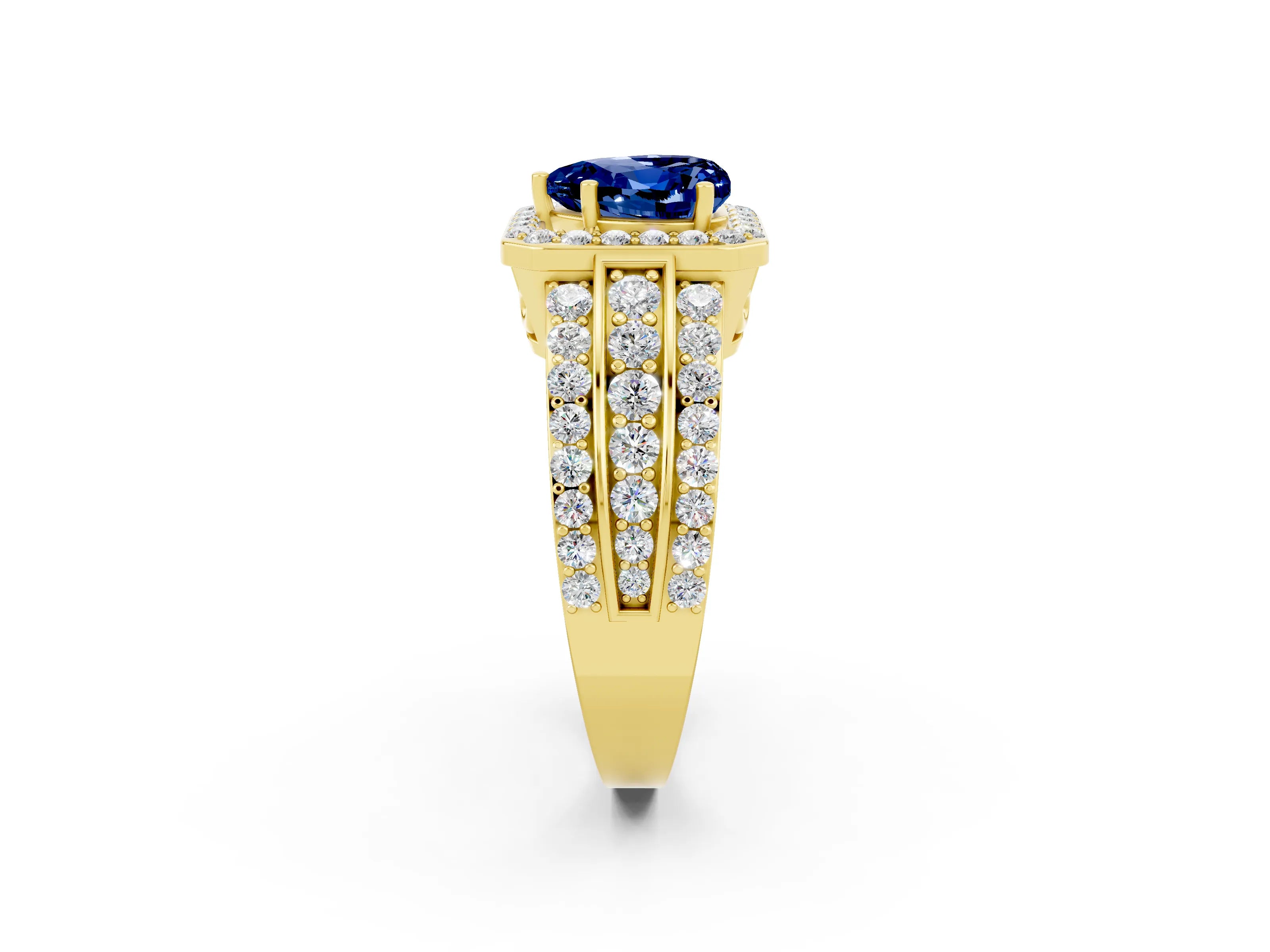 Yellow gold Heart Cut Halo Blue Sapphire Ring with Split Shank and Four-Prong Setting_2