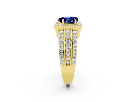 Yellow gold Heart Cut Halo Blue Sapphire Ring with Split Shank and Four-Prong Setting_2