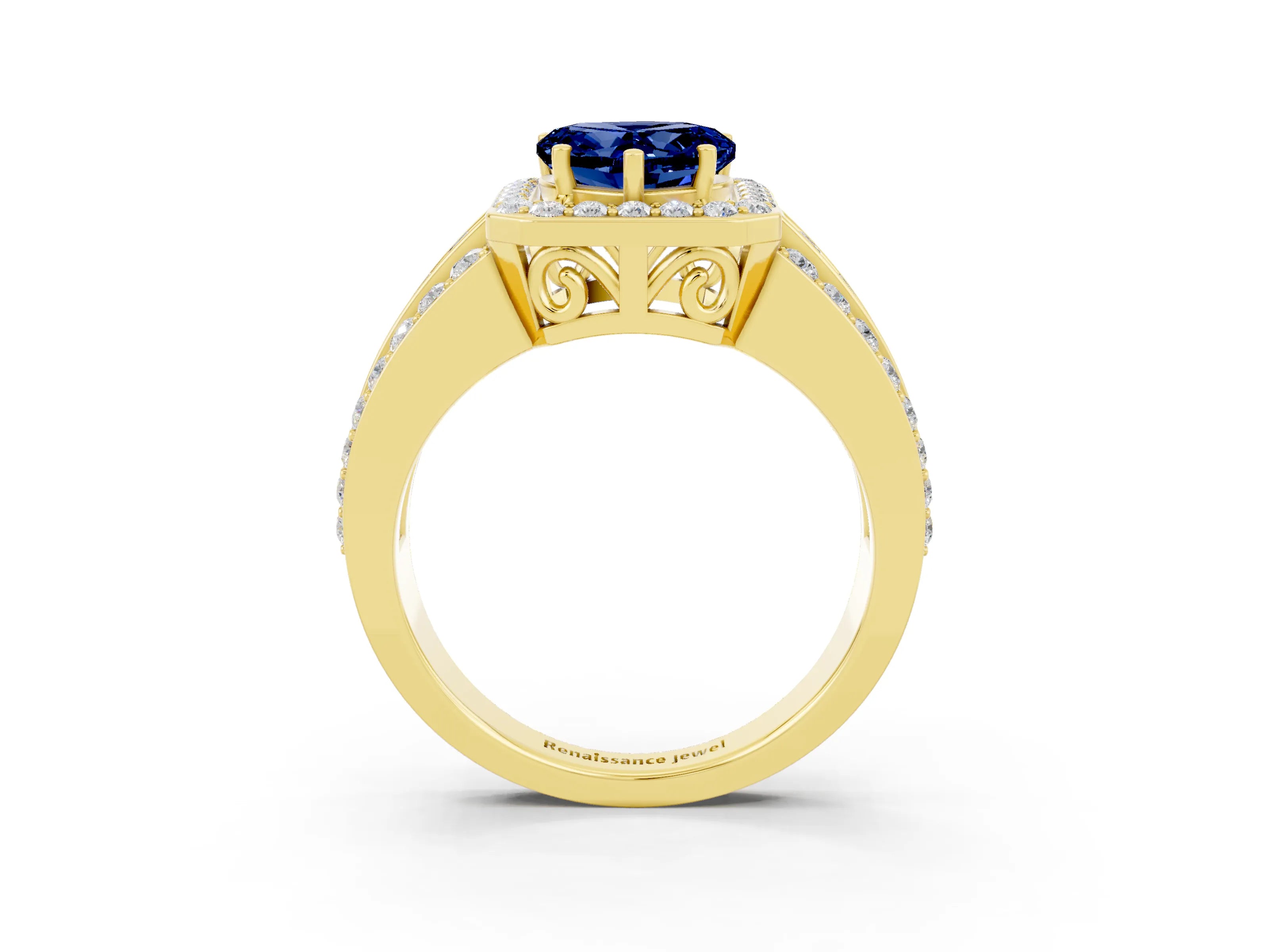 Yellow gold Heart Cut Halo Blue Sapphire Ring with Split Shank and Four-Prong Setting_3