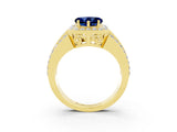 Yellow gold Heart Cut Halo Blue Sapphire Ring with Split Shank and Four-Prong Setting_3