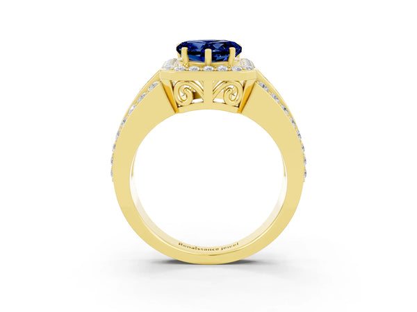 Yellow gold Heart Cut Halo Blue Sapphire Ring with Round  Split Shank and Prong Setting