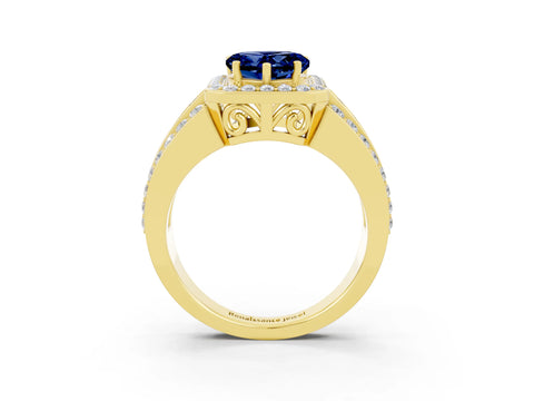 Yellow gold Heart Cut Halo Blue Sapphire Ring with Split Shank and Four-Prong Setting_3