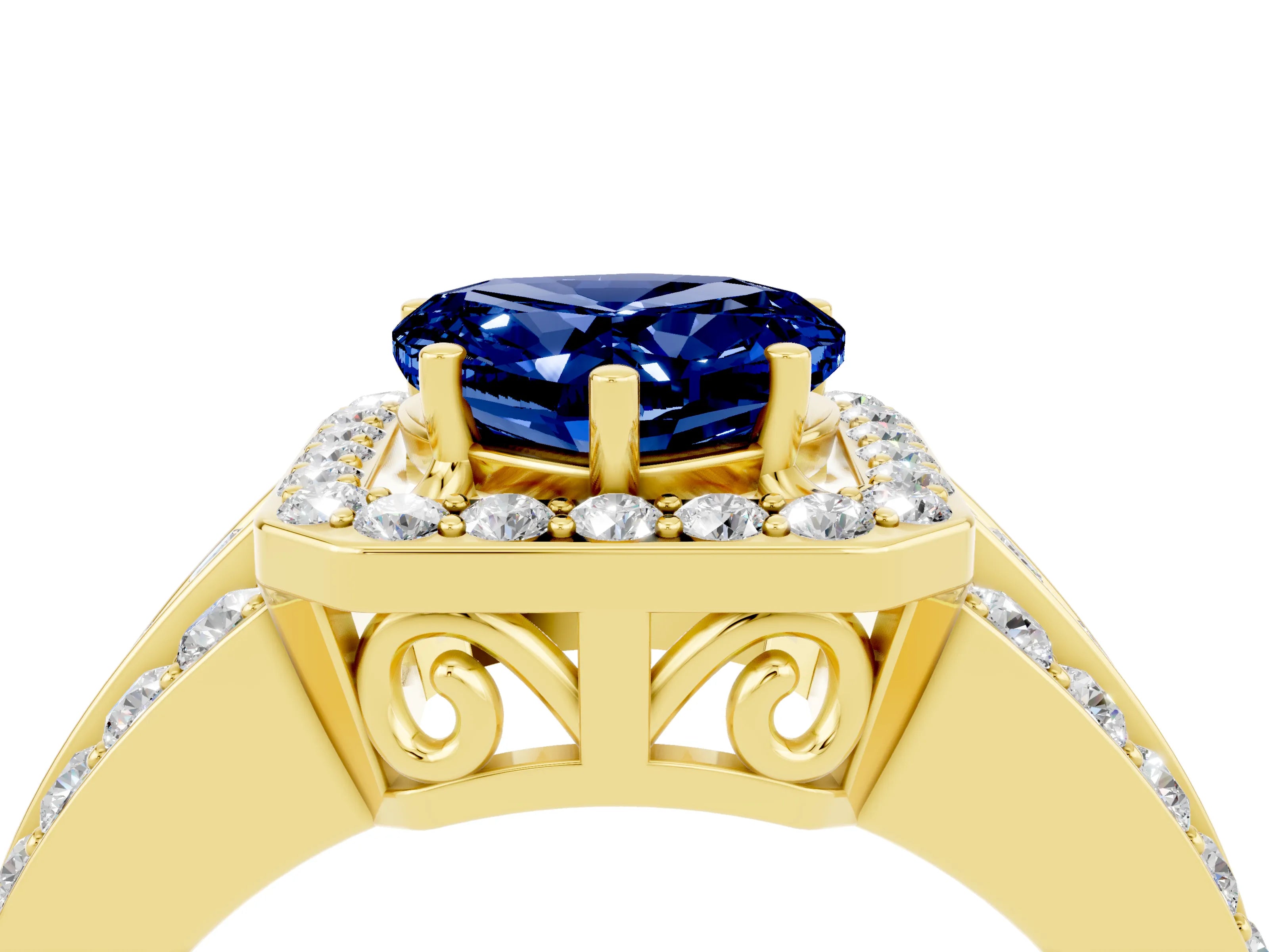 Yellow gold Heart Cut Halo Blue Sapphire Ring with Split Shank and Four-Prong Setting_4