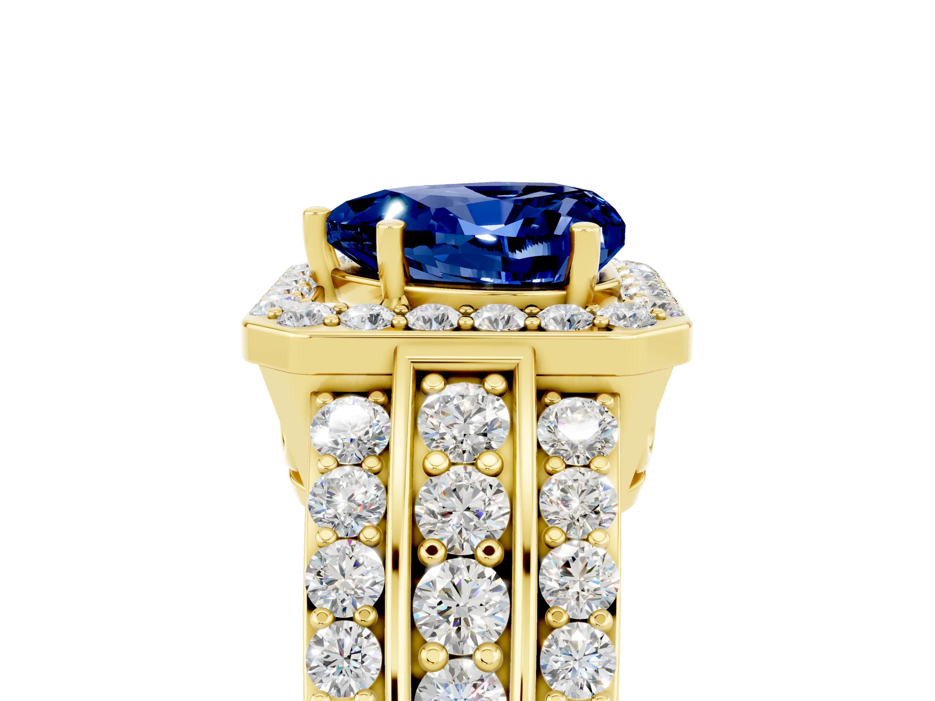 Yellow gold Heart Cut Halo Blue Sapphire Ring with Split Shank and Four-Prong Setting_5