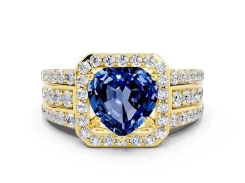 Yellow gold Heart Cut Halo Blue Sapphire Ring with Split Shank and Four-Prong Setting