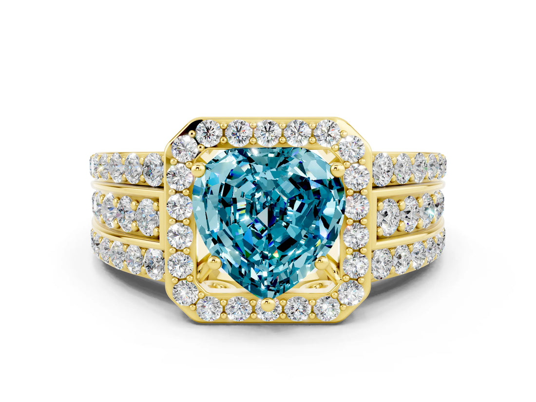 Yellow gold Heart Cut Halo Blue Topaz Ring with Split Shank and Four-Prong Setting