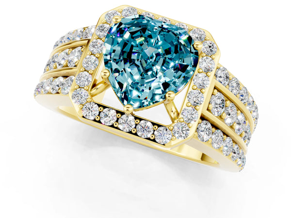 Yellow gold Heart Cut Halo Blue Topaz Ring with Round  Split Shank and Prong Setting