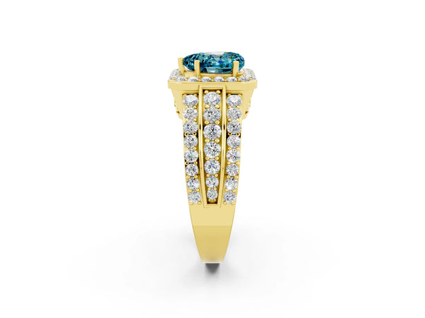 Yellow gold Heart Cut Halo Blue Topaz Ring with Round  Split Shank and Prong Setting