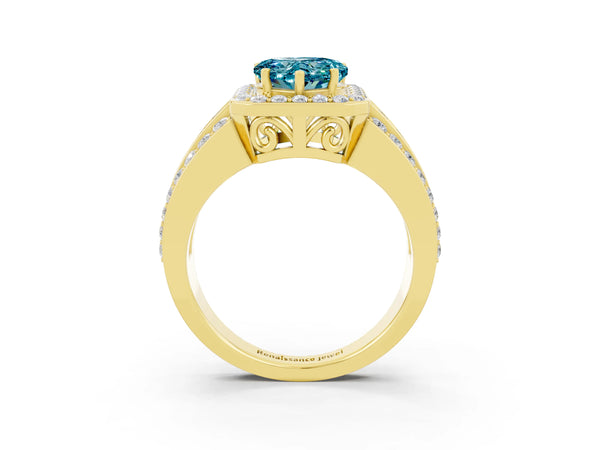 Yellow gold Heart Cut Halo Blue Topaz Ring with Round  Split Shank and Prong Setting