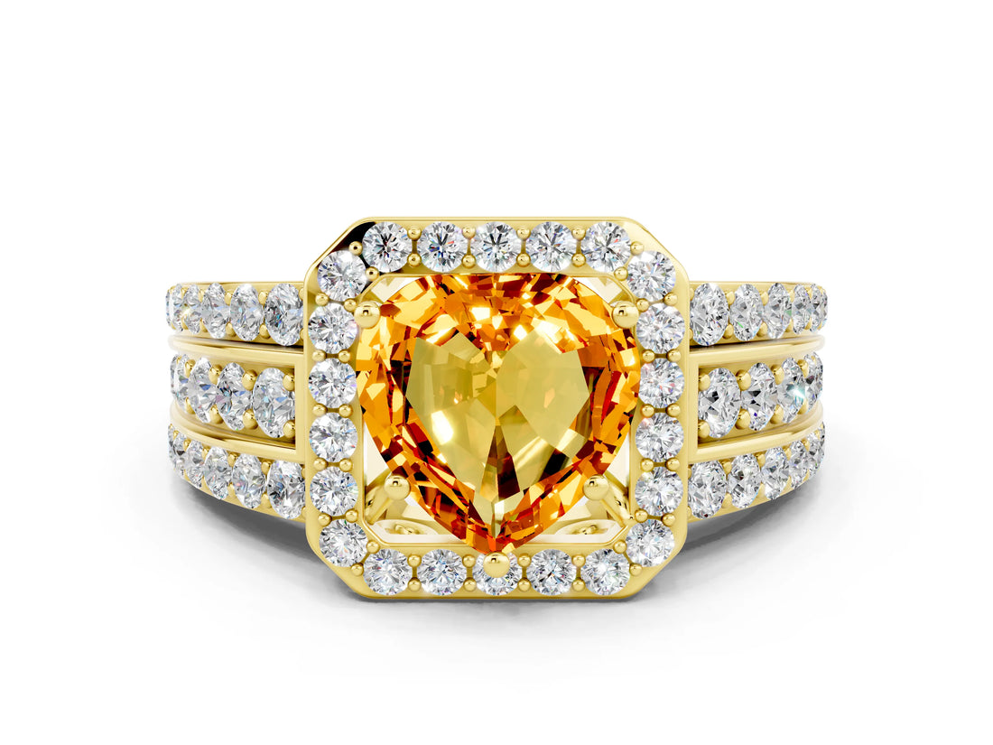 Yellow gold Heart Cut Halo Citrine Ring with Split Shank and Four-Prong Setting
