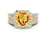 Yellow gold Heart Cut Halo Citrine Ring with Split Shank and Four-Prong Setting