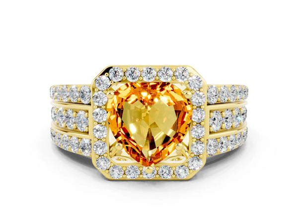 Yellow gold Heart Cut Halo Citrine Ring with Round  Split Shank and Prong Setting