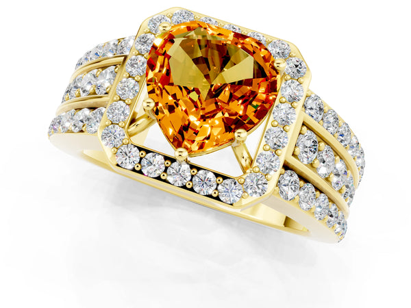 Yellow gold Heart Cut Halo Citrine Ring with Round  Split Shank and Prong Setting