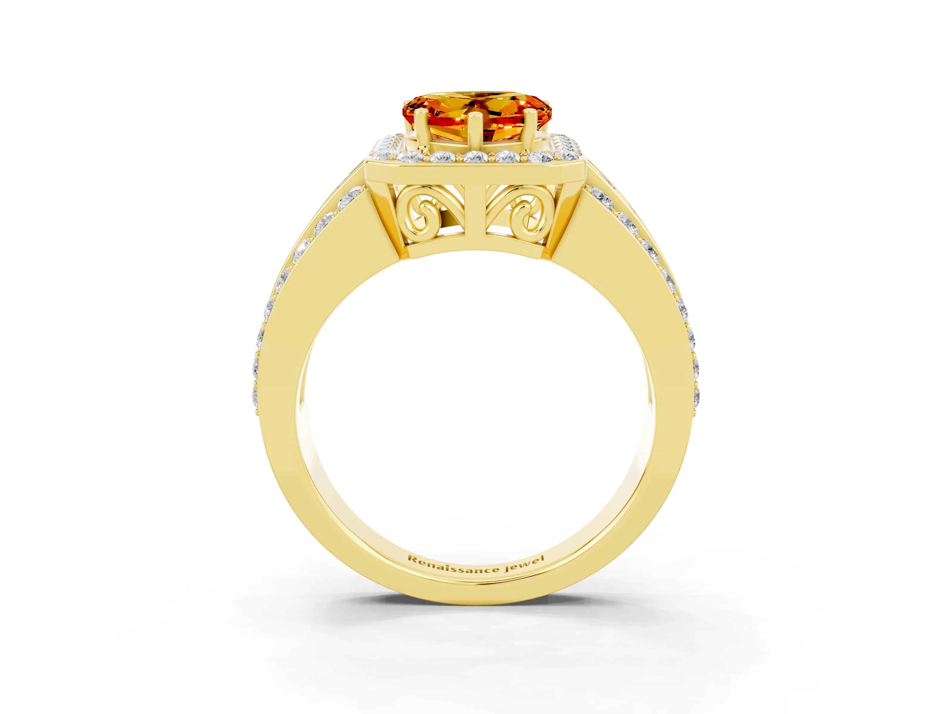 Yellow gold Heart Cut Halo Citrine Ring with Split Shank and Four-Prong Setting_3