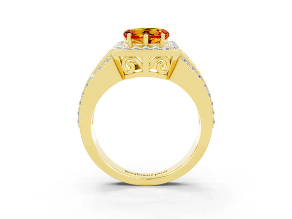 Yellow gold Heart Cut Halo Citrine Ring with Round  Split Shank and Prong Setting