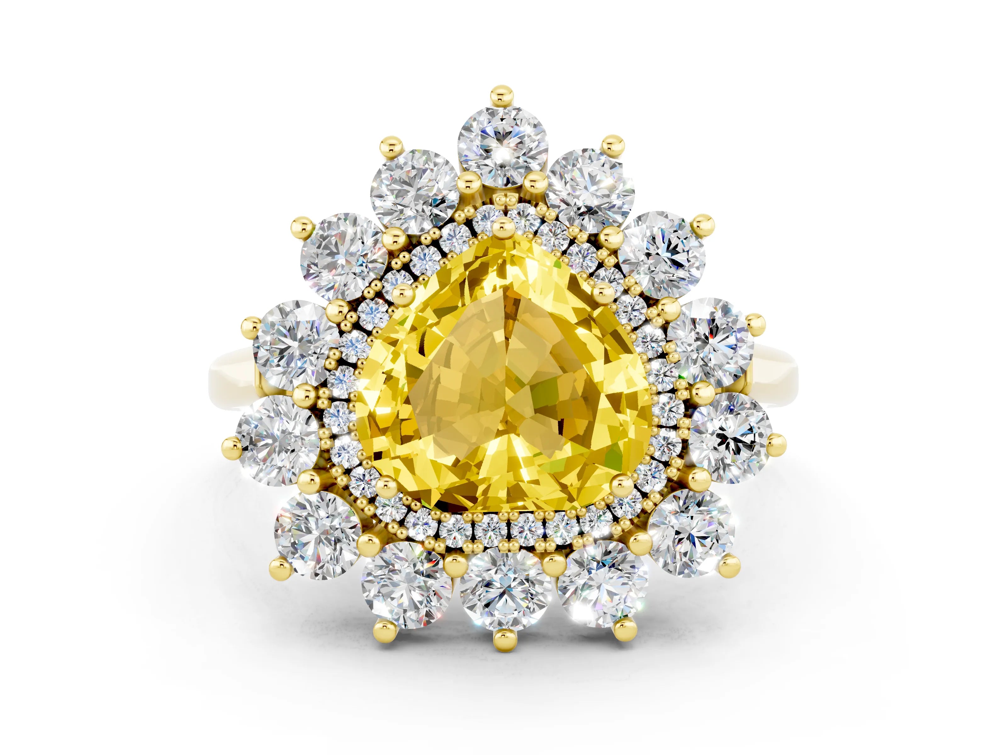 Yellow gold Heart Cut Halo Cluster Diamond Ring with Pave Band and Four-Prong Setting