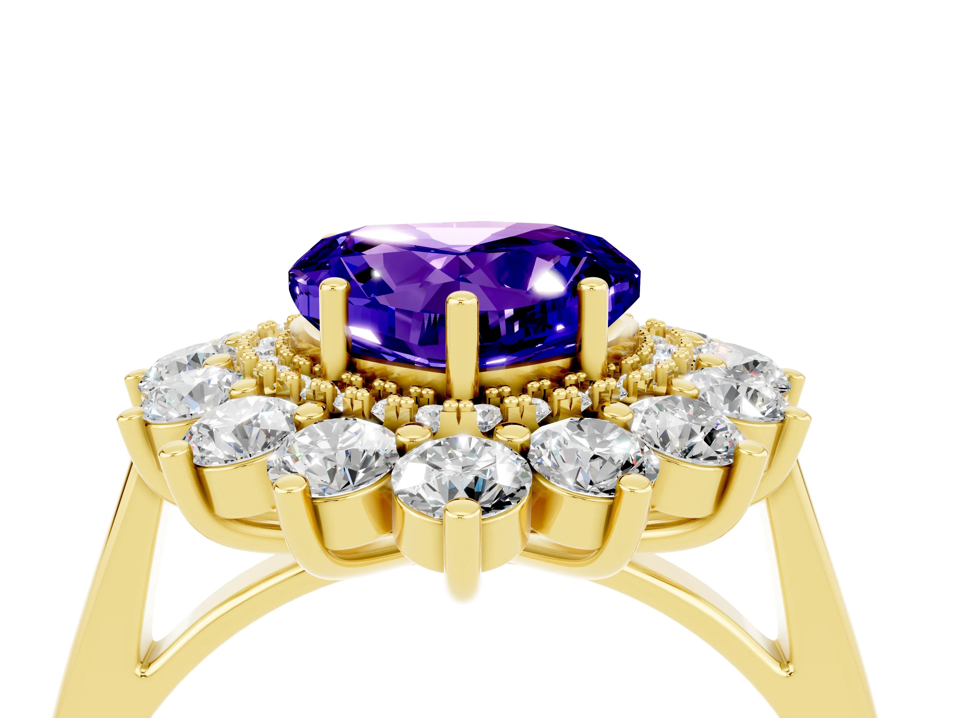 Yellow gold Heart Cut Halo Cluster Diamond Ring with Pave Band and Four-Prong Setting_10