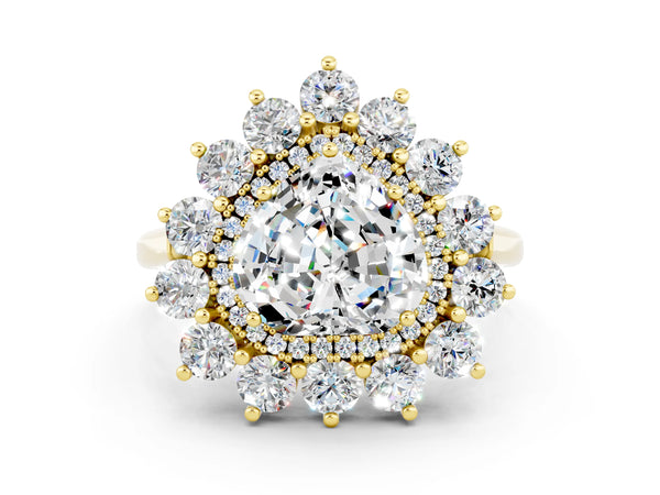 Yellow gold Heart Cut Moissanite Floral Double Halo Engagement Ring with Prong Setting