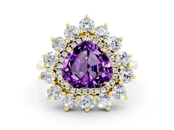 Yellow gold Heart Cut Amethyst Floral Double Halo Engagement Ring with Prong Setting