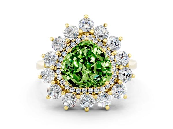 Yellow gold Heart Cut Peridot Floral Double Halo Engagement Ring with Prong Setting