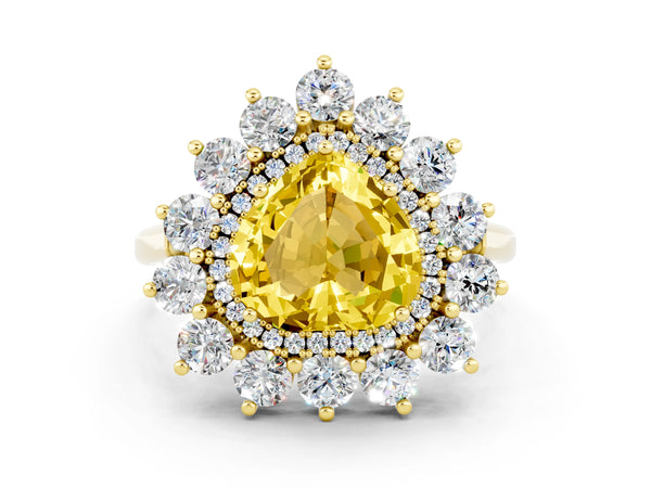 Yellow gold Heart Cut Yellow Sapphire Floral Double Halo Engagement Ring with Prong Setting