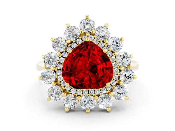 Yellow gold Heart Cut Ruby Floral Double Halo Engagement Ring with Prong Setting
